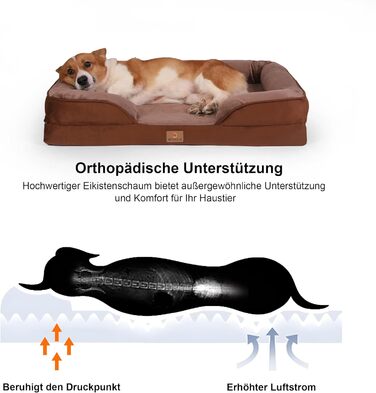 Ортопедичне ліжко для собак великих порід, ергономічне диван-лежанка з піною у формі подушки, водовідштовхуваче ліжко з неслизьким покриттям, 89x63 см, світло-сірий, коричневий, розмір 89 x 63 x 17 см