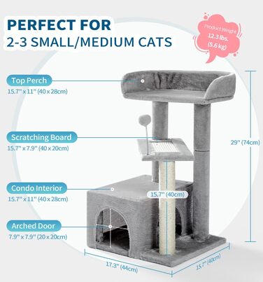 Котячий будиночок Made4Pets, килимовий когтеточка, сірий, багаторівневий дерев'яний комплекс для котів, 73,7 см, сучасний ігровий меблевий комплекс для маленьких та середніх домашніх котів