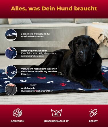 Килимок для собак HS-Hundebett® XS (45x65 см) – ковзаюча поверхня та затишний завдяки 3 см наповнювачу – ідеально підходить для дивану, авто та переноски – Made in DE (95 x 135 см, Anker Blau)