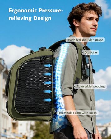 Пек'ют Рюкзак для кота Bubble з сітчастим вікном, переноска для тварин, розширювана, темно-зелений (L 32 x B 26 x H 42 см)