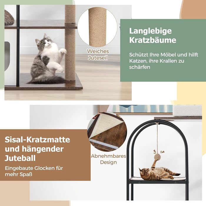 Дерев'яний кігтеточки COSTWAY з будиночком для котів, 118 см, з лежаком та іграшкою, металевий каркас, 4 рівні, вінтажний дизайн (білий)