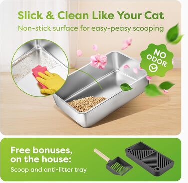 OHM Pets XL Лоток для котів з нержавіючої сталі 20 л – антипригарний, велика котяча туалетна коробка, металевий лоток із високими бортами, лопатка та піддон у комплекті, не іржавіє, не протікає