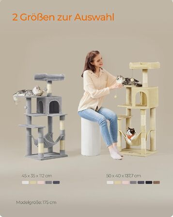 Багатоярусний ігровий комплекс для котів Feandrea, кігтеточка-будиночок (Бежевий, L, 50 × 40 × 137,7 см)