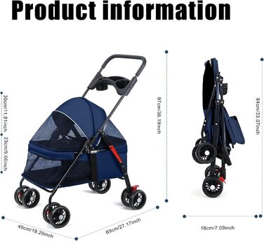 Дитяча коляска для домашніх тварин: маленьких собак та котів, складана переноска з поворотними колесами 360°, подвійна засувка, регульований капюшон 180°, зручна сітка (блакитна)