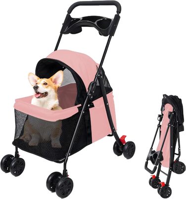 Kamulouk Візок для собак з 4 колесами, туристичний, для вигулу домашніх тварин, з тримачем для напоїв, універсальний для котів та собак, з дихаючою сіткою, для середніх та маленьких собак (Рожевий)