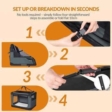 Транспортна переноска для собак Fobyfurny FPDT001OG1, 60x42x42 см, сіра, 60 л, з 3 дверима, дихаюча, з кишенями та світловідбиваючими елементами