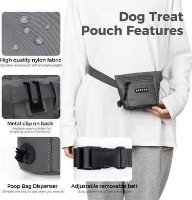 Сумка для ласощів для собак з металевим кліпом для ременя, міцна застібка-магніт, велика місткість, диспенсер для пакетів для екскрементів (темно-сірий)