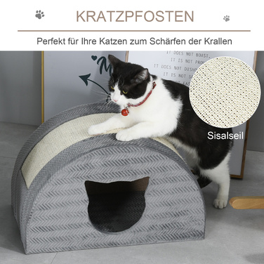 PawHut Котяча печера з кігтеточкою та сизалем, плюшевий дотик, двері з котячою мордочкою, 48,5 x 30 x 30 см, квартира сірого кота для маленьких котів