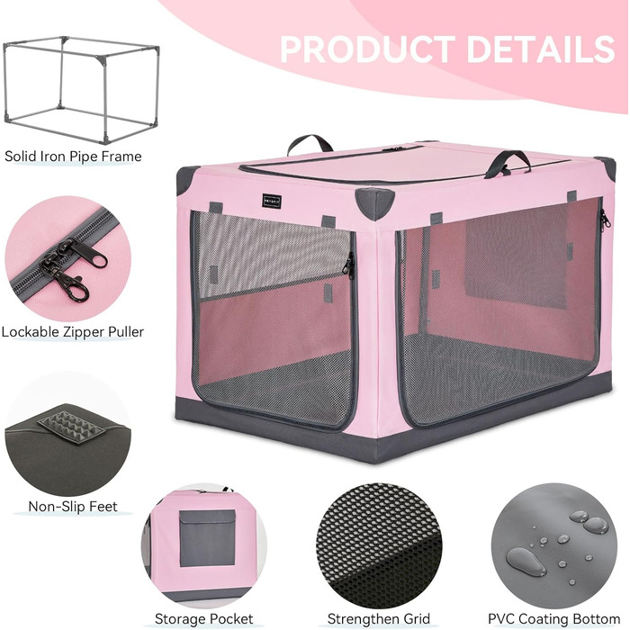 Складаний контейнер Petsfit для собак XL, тканинна переноска з посиленим каркасом, 3 двері, легка для транспортування, рожева