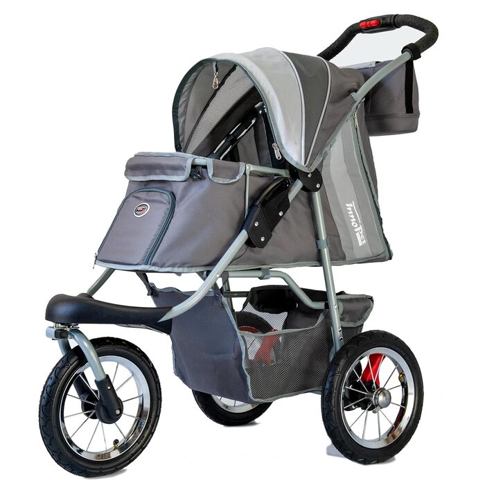 Візок для собак Innopet Comfort Air Eco чорного/срібного кольору – візок для собак/кішок з 30см повітряними колесами, складається однією рукою, підходить для лісових стежок – світловідбиваючі смуги, органайзер, перероблений нейлоновий матеріал (сірий)