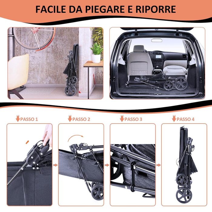 Візок для собак та котів, складний, до 15 кг, чорний