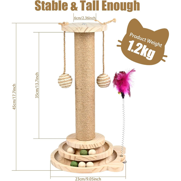 Іграшка для котів TSKDKIT: інтерактивний кігтеточки з кулями, пір'ям та м'ячами, 45 см, 2-ярусний обертовий столик, для маленьких/середніх котів
