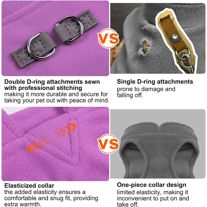 Пуловер для собак BEAUTYZOO з флісу, теплий зимовий пуловер для малих та середніх собак, куртка з D-кільцем, фіолетовий, розмір L (обхват грудей 48.2 см)