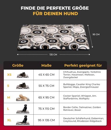 Лежак для собак HS-Hundebett XL 95x135 см, двосторонній, м'який, 3 см наповнювач, для дивану, авто, клітки, антрацит з мандалою, зроблено в Німеччині