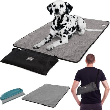 Килимок для собак Outdoor: водовідштовхувальний, 100x70 см, миючий, для подорожей та кемпінгу. З сумкою та щіткою для видалення шерсті. Підходить для собак та котів. Теплий, великий килимок для подорожей (Чорний, вовна)