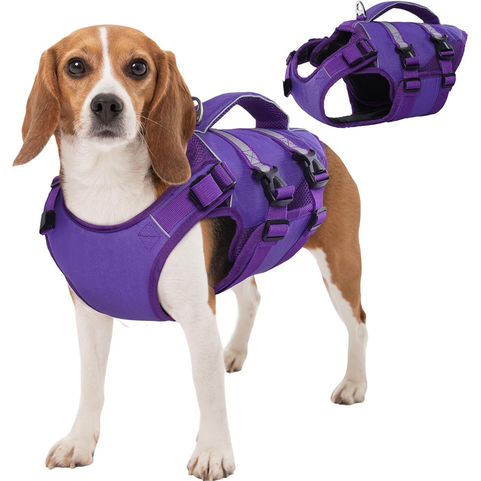 Жилет рятувальний для собак великих порід Kuoser, фіолетовий, з ручкою та світловідбиваючими елементами, регульований