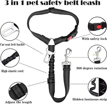 Нашийник для собак у багажник авто, фіксатор для транспортування, з амортизатором та карабіном, чорний, для всіх порід