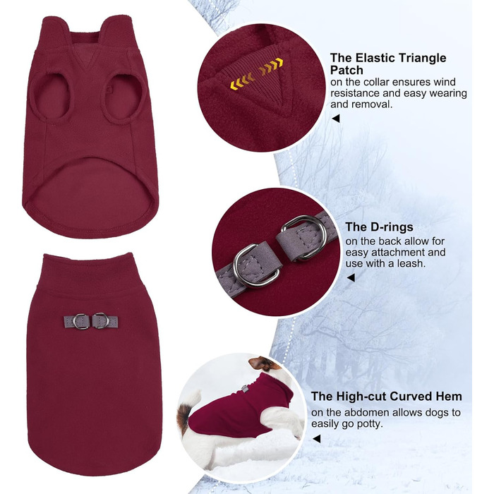 Тепла жилетка для собак BeautyZoo з капюшоном та кільцем для повідка – теплий одяг для маленьких та середніх собак, бургундський колір, розмір S (обхват грудей: 38.1 см)