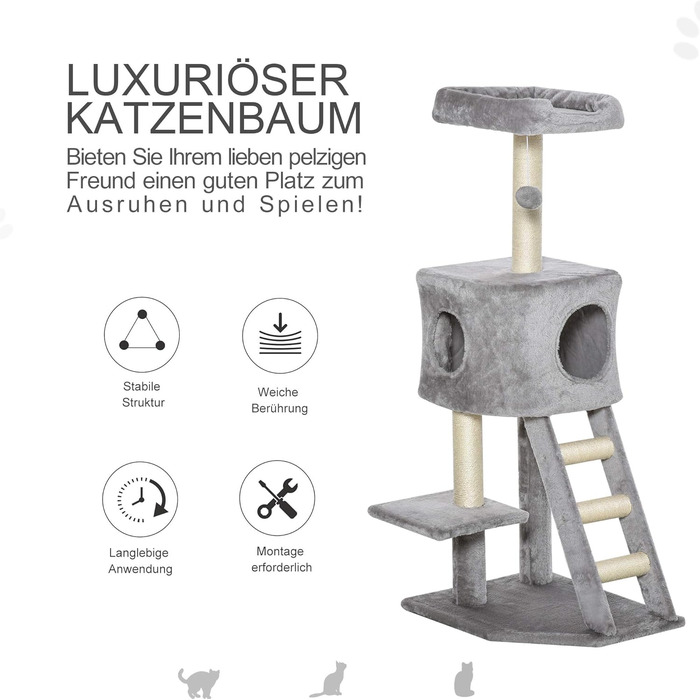 Кігтеточка PawHut 120 см для котів з будиночком, іграшкою, сизалевими стовпцями, платформою та сходами, багатоярусна, сірого кольору