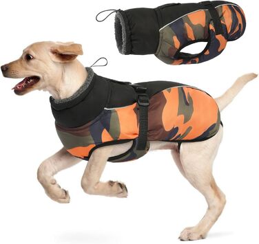 Водонепроникний зимовий одяг для собак - тепла куртка для собак, одяг для маленьких, середніх та великих собак, водонепроникний пуловер з безпечними світловідбиваючими смугами для Лабрадорів, Чихуахуа, Французьких бульдогів, помаранчевий камуфляж