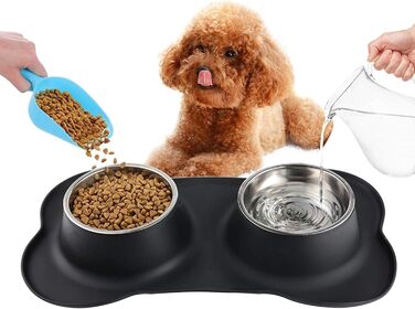 Набори мисок для собак та котів з нержавіючої сталі з силіконовим килимком, чорного кольору