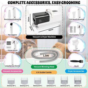 3-в-1 Машина для стрижки собак з пилососом, машинка для стрижки котів та собак з 6 гребінцями, пилосос для собак 2.2л з щіткою, фен для собак з 13 інструментами, 3 режими повітря, холодний/гарячий потік