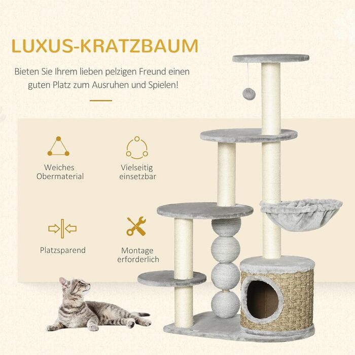Когтеточка PawHut 115,5 см з котячим будиночком, ігровий комплекс з гамаками, іграшкою та джутовими стовпами, світло-сіра для котів