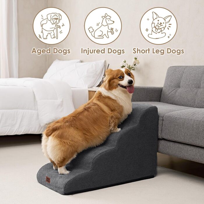 Сходинки для собак EHEYCIGA - 50 см, сірі. Зручні сходи для маленьких собак до дивану/ліжка. 4 сходи, матеріал - високощільний губчастий, з антиковзким покриттям та знімним чохлом. Розміри: 72 x 40 x 50 см.