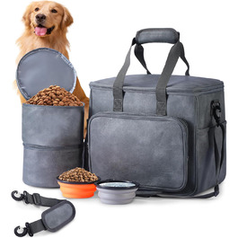 Лававін Чорна дорожня сумка для собак та котів, дорожній набір, з контейнерами та мисками, сіра