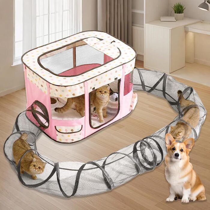 Клітка-забіг для цуценят, переносна огорожа для тварин, рожева клітка-забіг з тунелем (M)