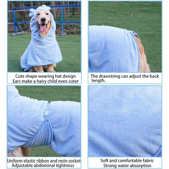 Рушник для собак з мікрофібри з капюшоном, супер вбираючий, швидковисихаючий, для цуценят та собак великих, середніх та малих порід, котів (Блакитний, S)