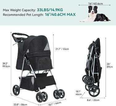 Візок для собак YITAHOME, середній розмір, 4 колеса, з кошиком для зберігання, складаний, з тримачем для напоїв (чорний, без дощового покриття)