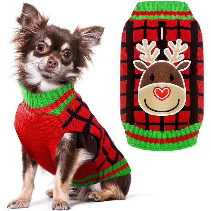Теплий святковий пуловер для собак з отвором для шлейки, червоний в клітинку, олень. Підходить для малих, середніх та великих собак, котів. Ідеальний для осені та зими.