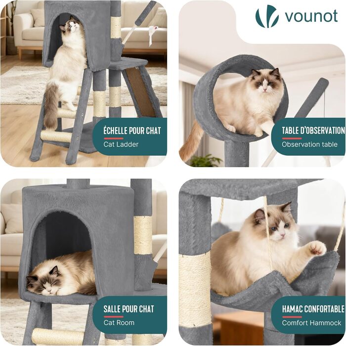 Кігтеточка для котів Vounot® 112 см, багатоярусна, з платформами, печерою та іграшками (сірий)