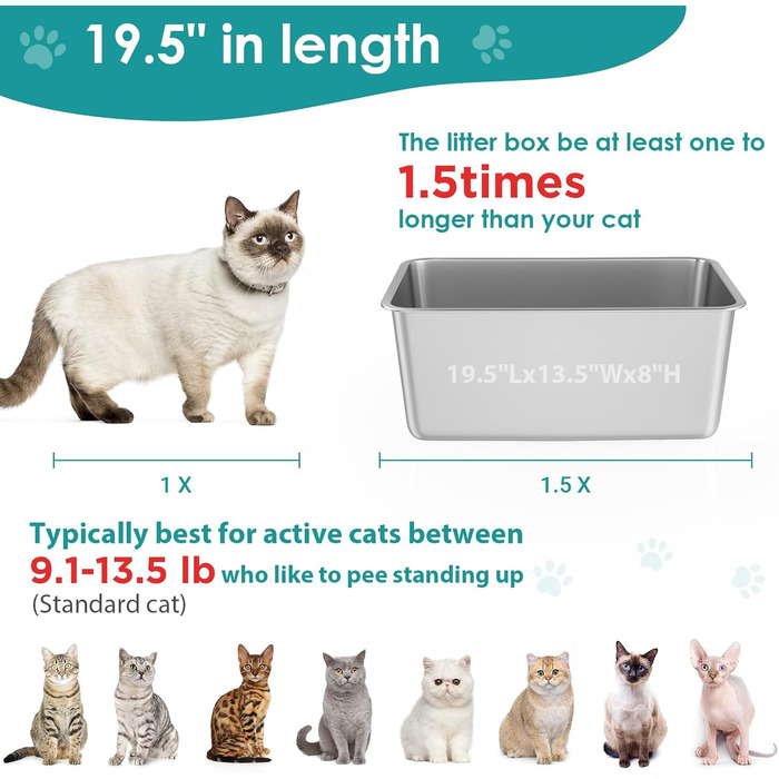 IKITCHEN Великий лоток для котів з нержавіючої сталі (50x35x20 см), туалет для котів та кроликів, без запаху, без плям, антикорозійний, з гладкою поверхнею, з антиковзким гумовим дном, срібний