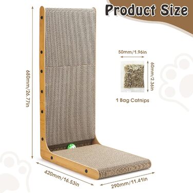 Котяче дряпання - дряпка для котів L-подібної форми, 68 см, з м'ячиком. Ідеально для дому, стін та кутів. Аксесуар для котів