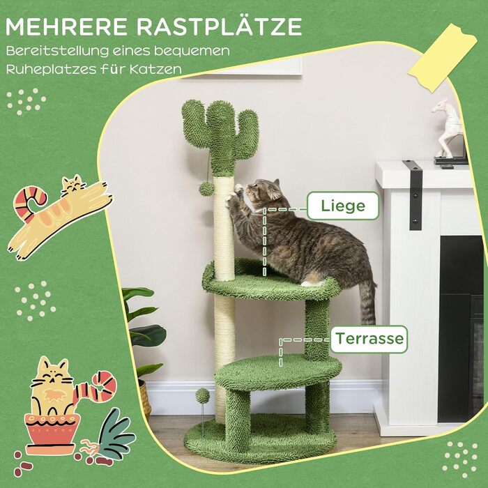 Когтеточка для котів PawHut Кaktus 111 см, 2 рівні, з іграшкою-м'ячем, лежанкою, для котів до 10 кг, котячі меблі, сизаль, зелена