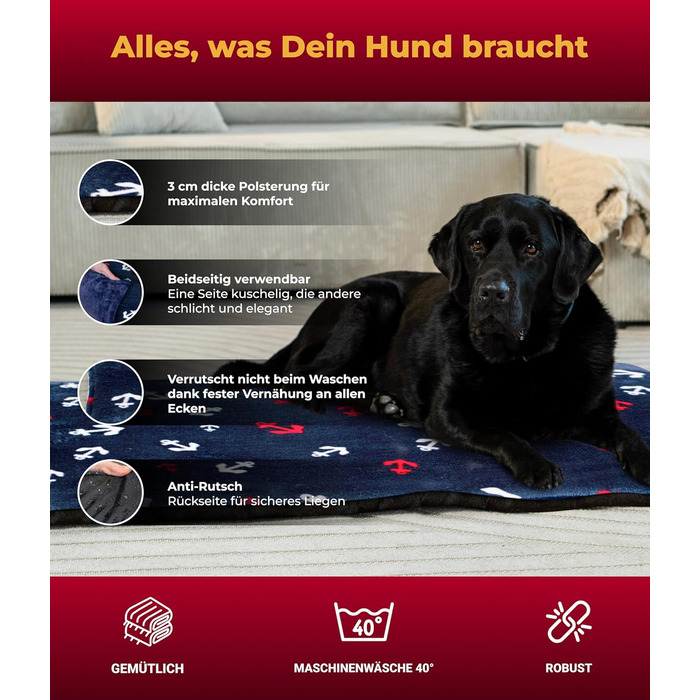 Килимок для собак HS-Hundebett® XS (45x65 см) – ковзаюча поверхня та затишний завдяки 3 см наповнювачу – ідеально підходить для дивану, авто та переноски – Made in DE (95 x 135 см, Anker Blau)