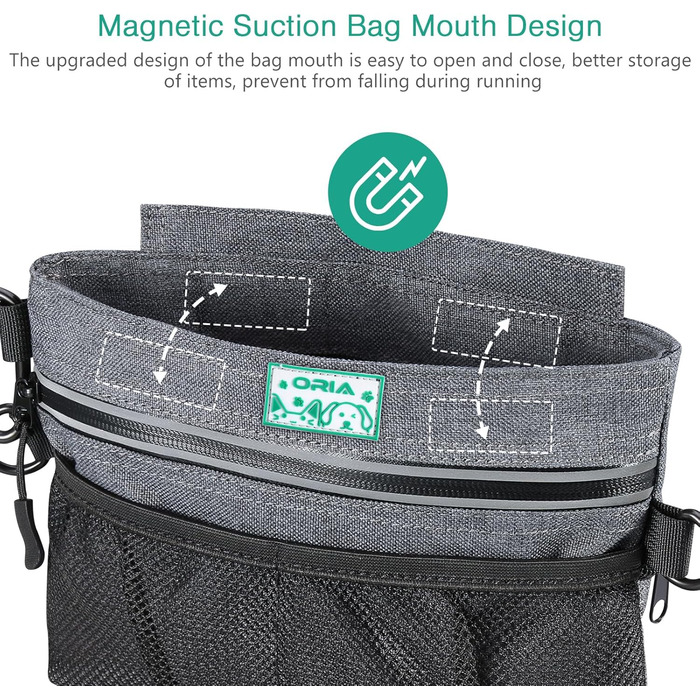 Сумка для корму для собак ORIA, переносна сумка для тренувань, з магнітним закриттям, регульований ремінь та диспенсер для відходів, преміум-якість - сіра