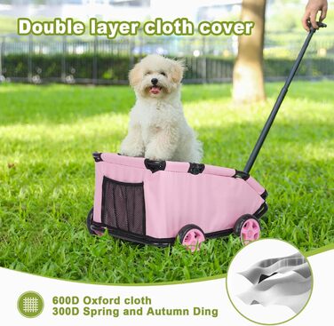 Міні-візок для маленьких тварин, складний багатофункціональний візок для покупок з висувною ручкою, для прогулянок на вулиці, з вбудованим матрацом та страхувальним тросом, з кишенькою для зберігання (Рожевий)
