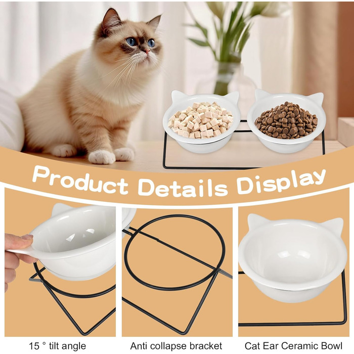 Набір з 2 керамічних мисок для котів, нахил 15°, протиковзкий, для води, вологого та сухого корму, ласощів, ідеально для котів та маленьких собак