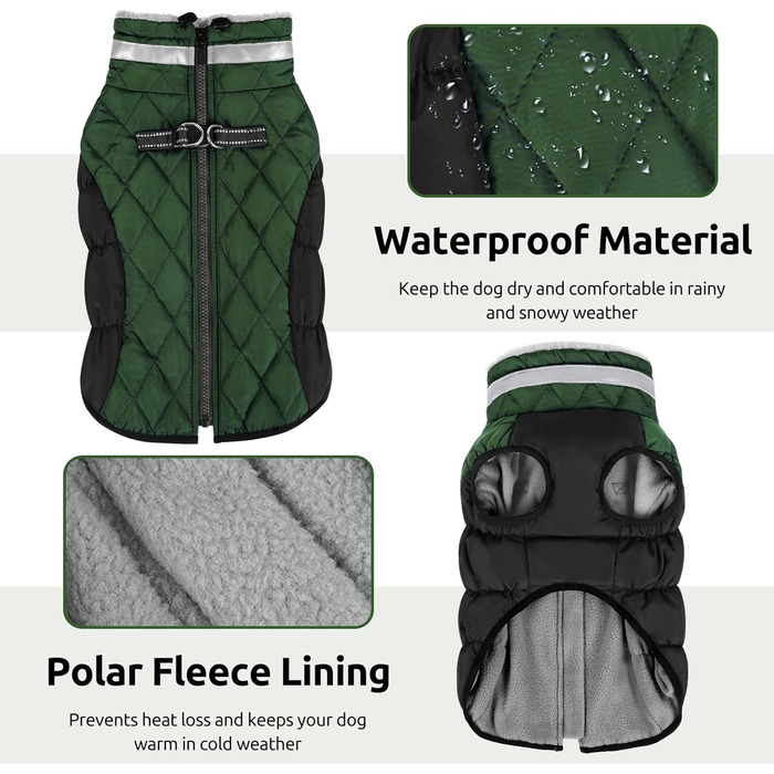 Зимовий теплий нашийник для собак CITE TOILE, великі породи, водонепроникний, з флісовою підкладкою, світловідбиваючий, XL, зелений