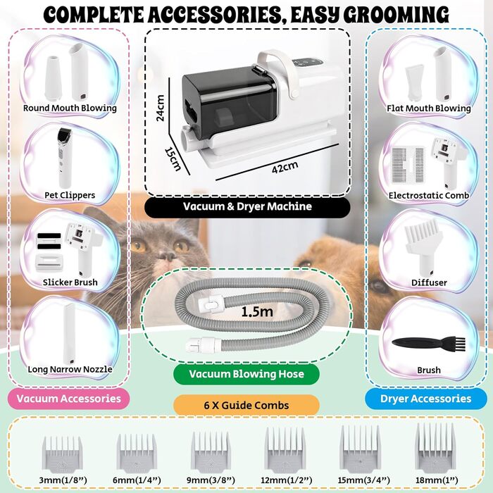 3-в-1 Машина для стрижки собак з пилососом, машинка для стрижки котів та собак з 6 гребінцями, пилосос для собак 2.2л з щіткою, фен для собак з 13 інструментами, 3 режими повітря, холодний/гарячий потік