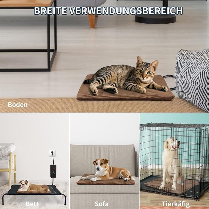 Килимок грілка для тварин NAMOTEK з регулюванням температури та таймером, вологостійкий, 70x40 см, коричневий