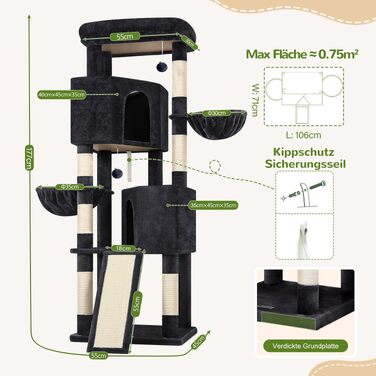Комплекс для котів Globlazer Kratzbaum XL (177 см) темно-сірий: будиночок, кігтеточка-рампа, платформа, 2 кошики, стійкий для великих котів