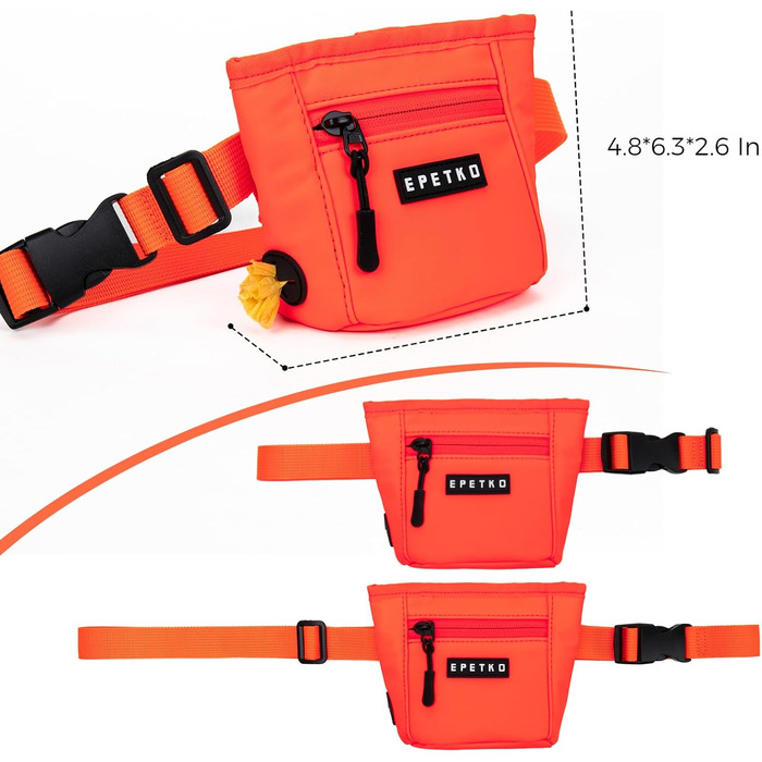Сумка для ласощів для собак з металевим кліпом на пояс, міцна застібка-магніт, велика місткість, диспенсер для пакетів для вигулу (Помаранчевий)