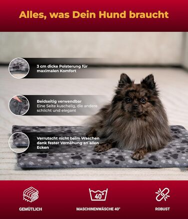 Лежак для собак HS-Hundebett® S 55x75 см, двосторонній, м'який, сірий з лапкою, для дивану, авто і клітки, 3 см наповнювач, вироблено в Німеччині