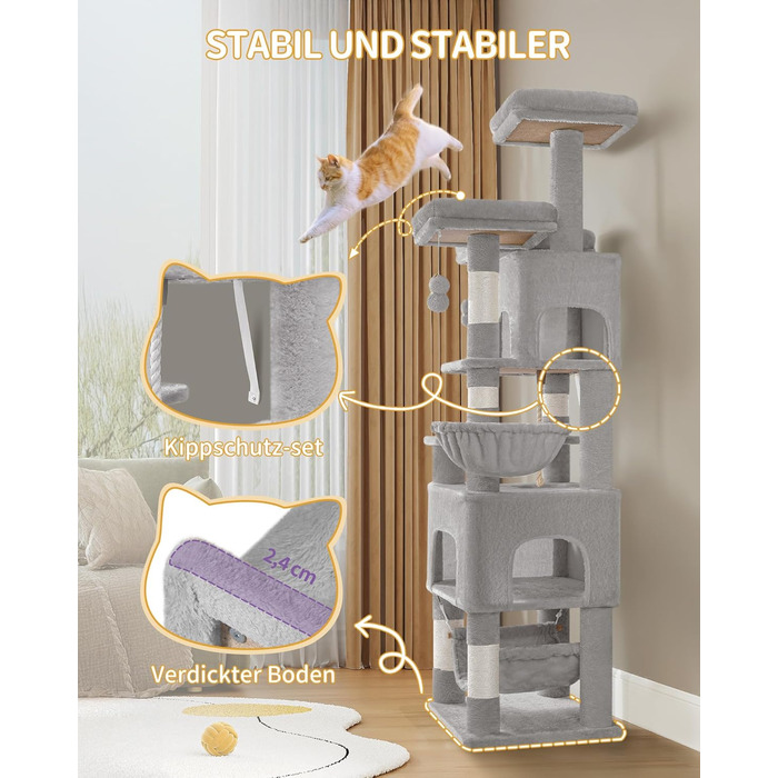 Кігтеточка для котів Hzuaneri, 176 см, XL, 3 платформи, 2 печери, 7 стовпчиків, гамак, плюшеві кульки, для багатокотових сімей, MS17618SG (Світло-сірий)