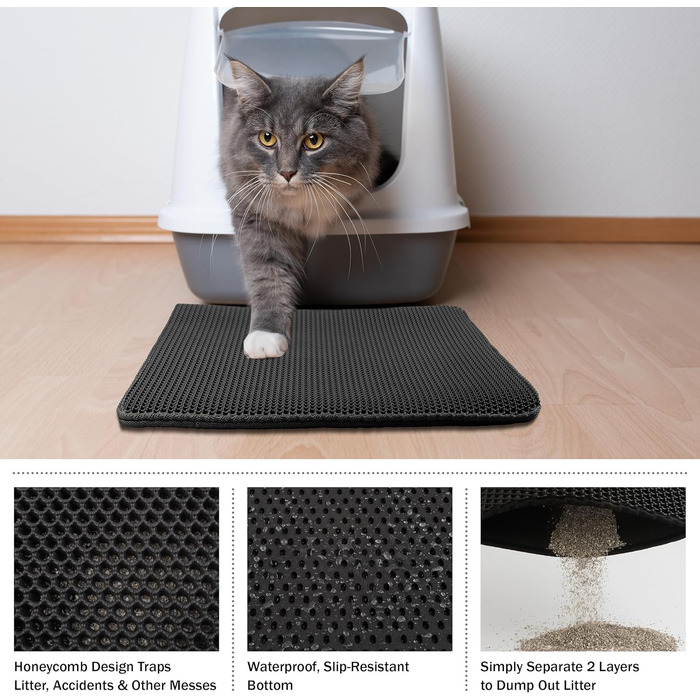 Водонепроникний килимок для котячого туалету PETMAKER 61x38 см, двошаровий, з вловлювачем наповнювача, протиковзкий, чорний