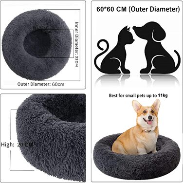 Кругле м'яке ліжко для котів та собак, 60 см, темно-сірий